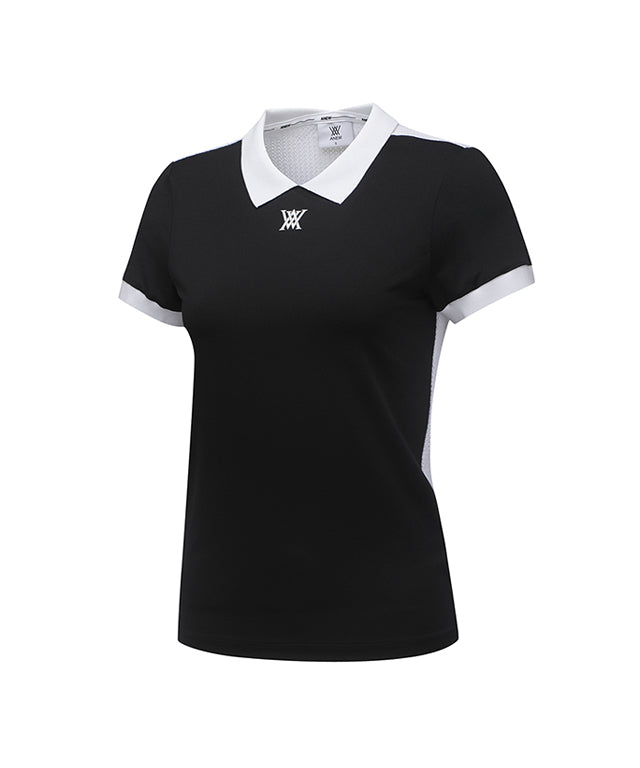 ANEW Golf Women's Back Knit Block Short T-Shirt in Black, featuring a stylish design with a mesh back panel for breathability.